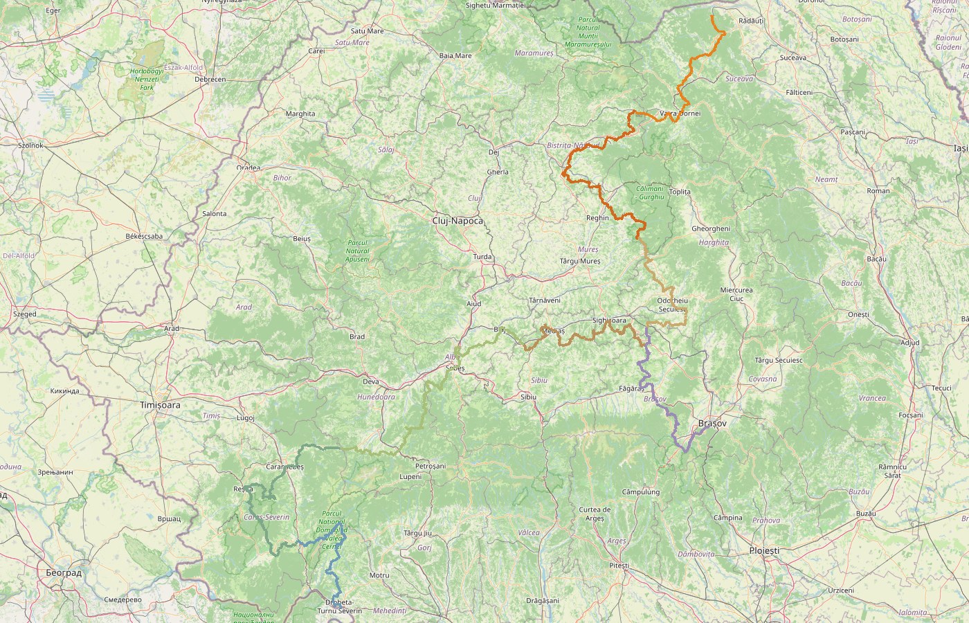 Harta României cu traseul Via Transilvanica desenat pe cele opt ținuturi, pe fond OpenStreetMap